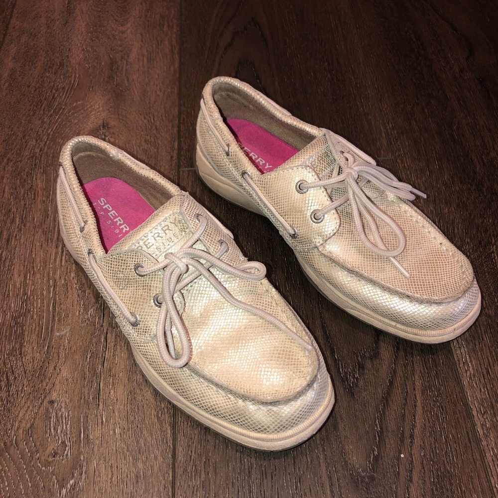 Gold Sperry boat shoes